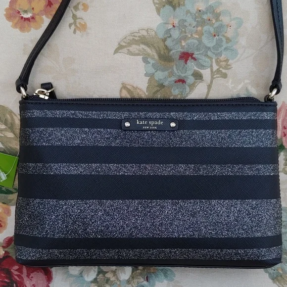Kate Spade Haven Lane Ramey Leather Black Glitter Stripe Crossbody Bag NWT - Picture 9 of 15